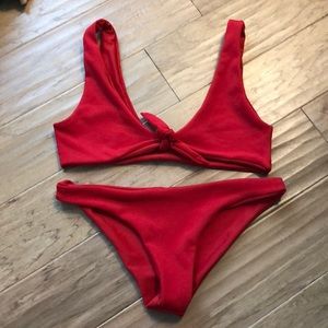 Red Tie Bikini with Knit Pattern